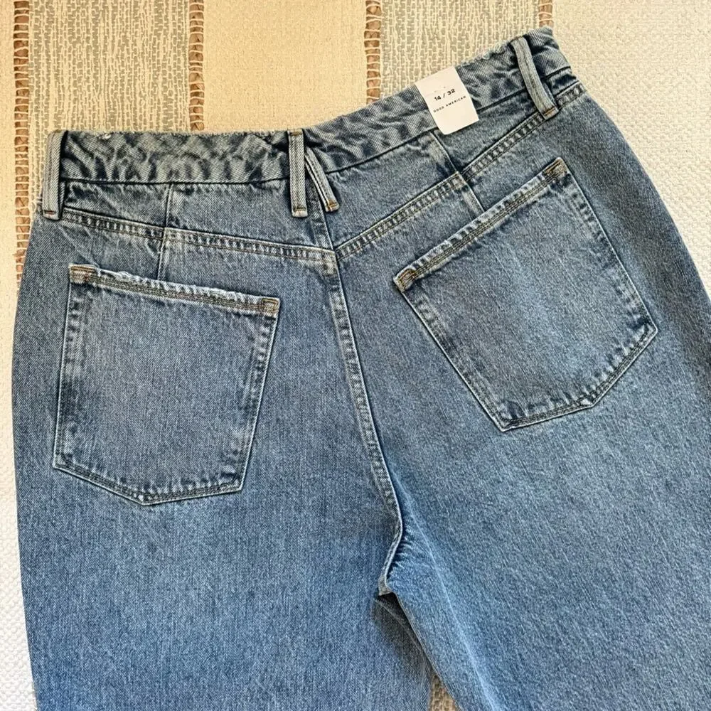 Good American 90’s Duster Blue 950 Straight Leg Distressed High Rise Jeans 14/32 - Picture 6 of 8